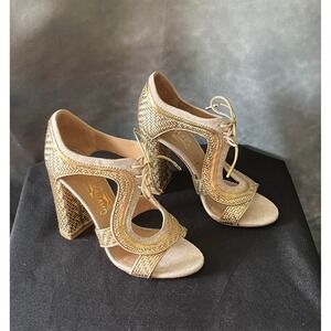 Salvatore Ferragamo Gold‎ Woven Lace Up Block Heel Sandals Designer Shoes